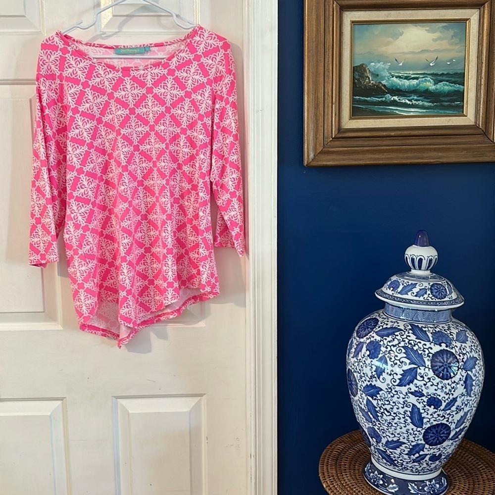 NWOT Women’s Anthony’s Resortwear Asymmetric Pink & White 3/4 Sleeve V Neck Top